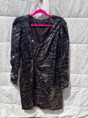 Sequin Twist-Front Long Sleeve Dress in Black